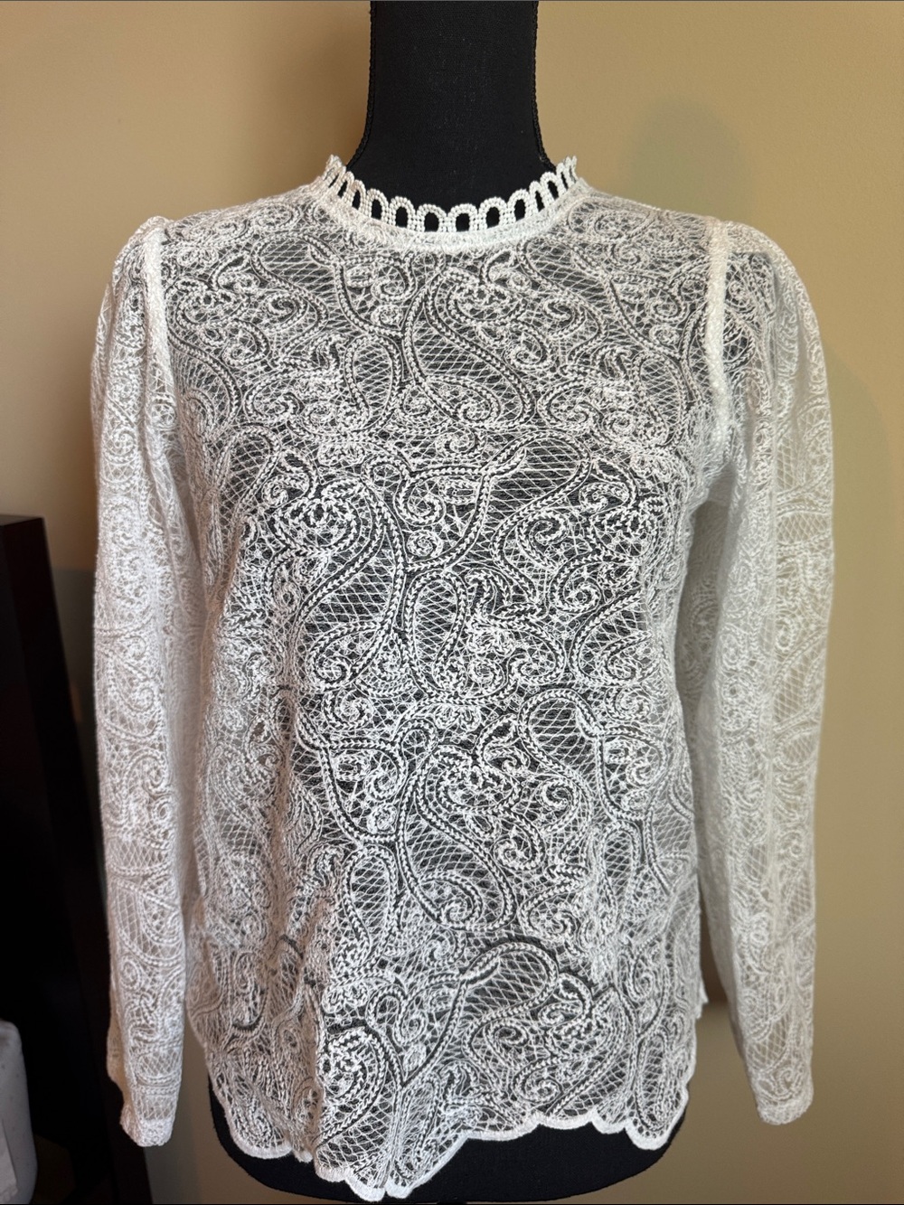 Aqua White Lace Long-Sleeve Blouse